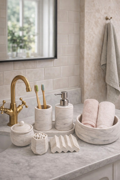 Generic Brand Marble Patterned Concrete 7-Piece Bathroom Wc Set Liquid Solid Soap Dispenser Towel Holder Decorative Accessories
