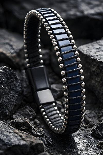 NBS Beautiful Naturel Stones Leather Men's Hematite Bracelet Handmade Navy Bl...