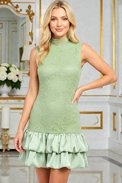 FashionForYou Short satin dress IVORIA, with lace and high collar, VERNIL, Si...