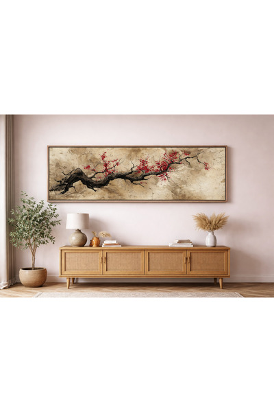 Tuba Decor Tek Parça Gerçek Ahşap Yatay Panorama Çerçeveli Tablo kızıl dal