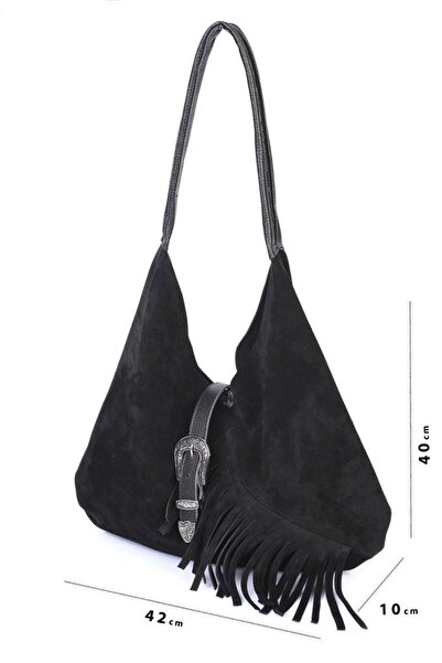 diclepolat Women's Black Genuine Leather Tassel Detailed Suede Hand and Shoul...