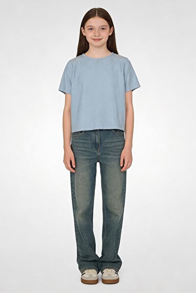 GUPPY بلوزة قصيرة الأكمام معدنية للبنات، لون أزرق ترابي