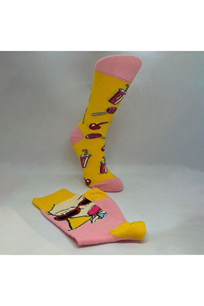 Biçorap06 Sağ-Sol Farklı Pembe Kiraz ve Şeker Desenli Çılgın Çorap