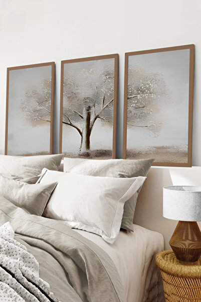 kutuTR Kahverengi Ahşap Çerçeveli 2DUV Baskı 3’lü MDF Tablo–Minimalist Büyük ...