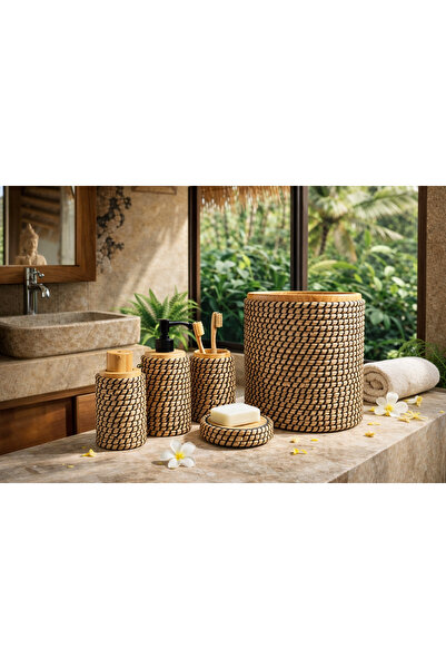 la lune home LA LUNE Jüt Hasır Kaplama 5 Parça Banyo Seti Çöp Kovası Fırça Sa...