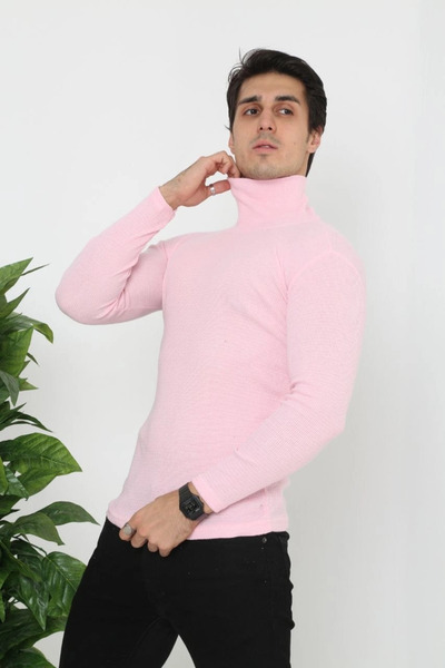 LUMİART Men's Camisole High-Neck Full Lycra Ribbed Body Sweater - Powder Pink
