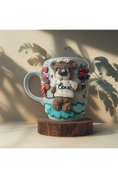 MAKARON SANAT BALON VE ÇİÇEK TUTAN ŞİRİN AYICIK 3D KUPA BARDAK, SEVGİLİLER GÜNÜ