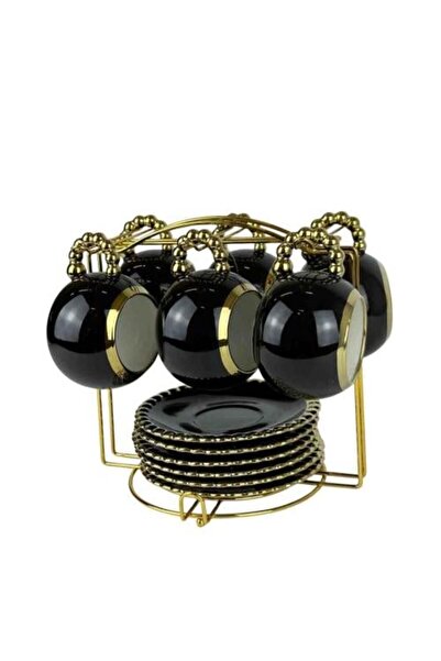 Generic Luxury Black Ceramic Coffee Cup Set with Gold Accents and Metal Holder
