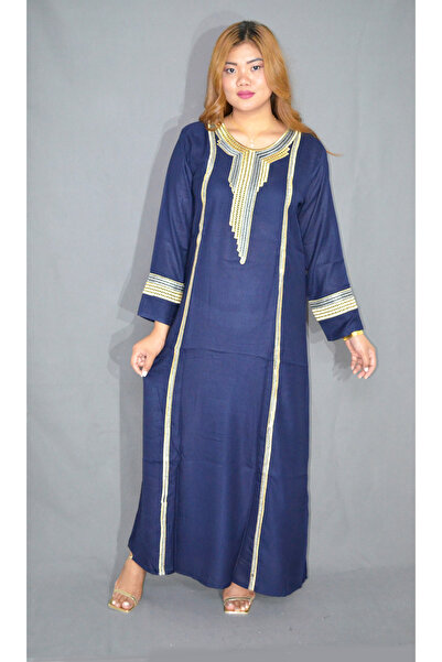 Zainah Embroidered Neck Jalabiya Modest Dress - Long Sleeve Viscose Polyester...