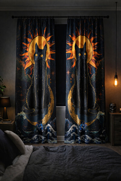 Bebişim Halı Children's Room Double Winged Background Curtain with Black Cat,...