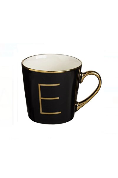OEM New Bone Black Mug with Gold Letter E & Gold Handle, 10 x 10 cm, 460ml