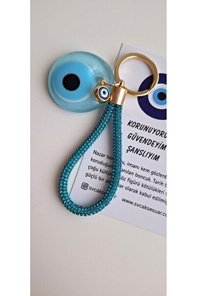 Svc Aksesuar Gift Zircon Stone Evil Eye Beaded Keychain - Turquoise - 12 cm