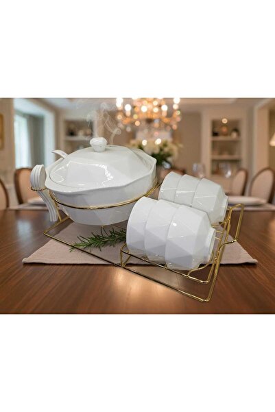 SNK Luxury 16Pc Porcelain Soup Pot Set for 6 Person Golden Stand Bowls & Spoo...
