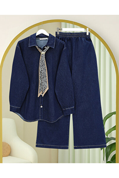Modamorfo Wide Leg Elastic Waist Trousers with Scarf Detail Denim Suit - Navy