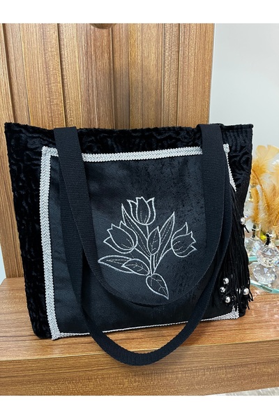 GÜLHOBY Black Embroidered Fabric Bag Brocade Fabric Shoulder Bag