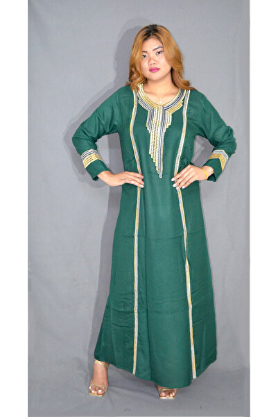 Zainah Embroidered Neck Jalabiya Modest Dress - Long Sleeve Viscose Polyester...