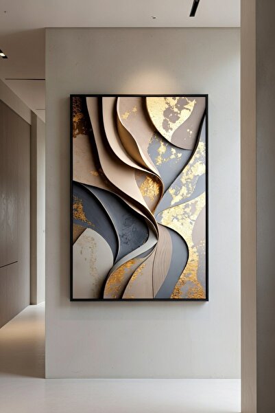 hollywest Lüks Bej & Altın Soyut Duvar Sanatı | Modern Çerçeveli Tablo