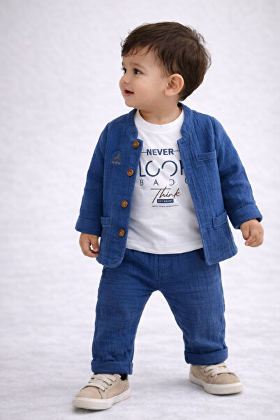 Junior Class Erkek Çocuk 3'lü Müslin Takım Gömlek Tshirt Pantolon