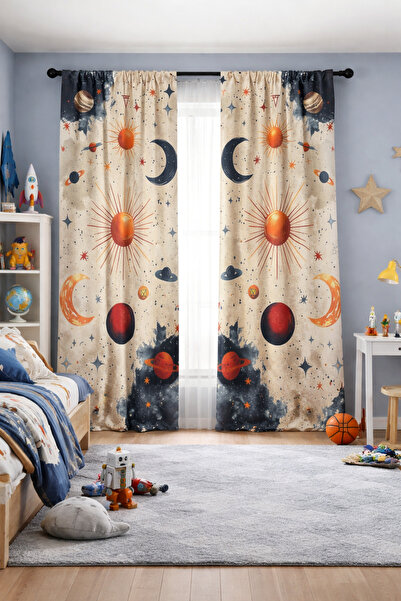 Bebişim Halı ستارة خلفية لغرفة الأطفال ذات جناحين مع نمط القمر والشمس والكواكب