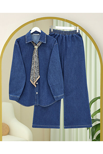 Modamorfo Wide Leg Elastic Waist Trousers and Scarf Detailed Denim Suit - Indigo