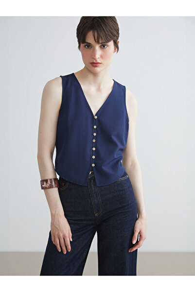 LC Waikiki Seray New Season V-Neck Linen Blend Women's Classic Vest