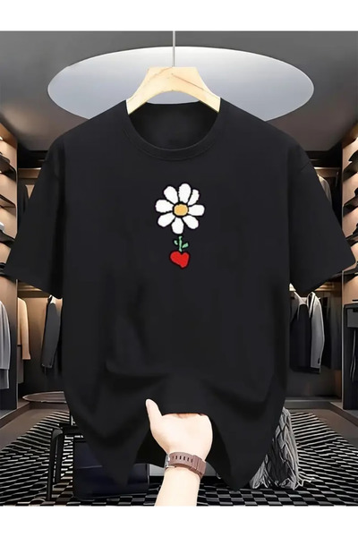 Flow touch تي شيرت أسود بأكمام قصيرة ورقبة دائرية من القطن المطبوع للجنسين