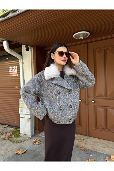 manana fashion Oversized Coat with Fur Collar