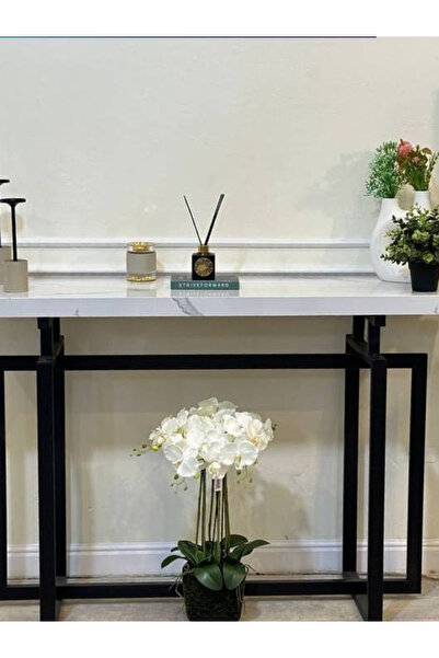 Genrics Black iron entryway console table with a marble-like surface for a lu...