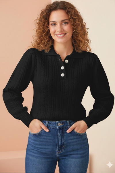 trendalisse Women's Polo Collar Knitwear Buttoned Sweater