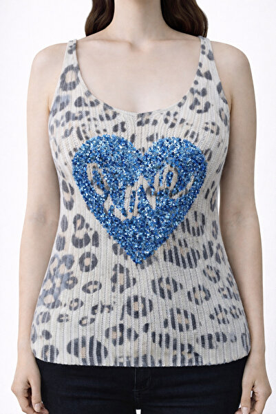 Neden Tekstil بلوزة تريكو على شكل قلب مزينة بالترتر على شكل جلد الفهد