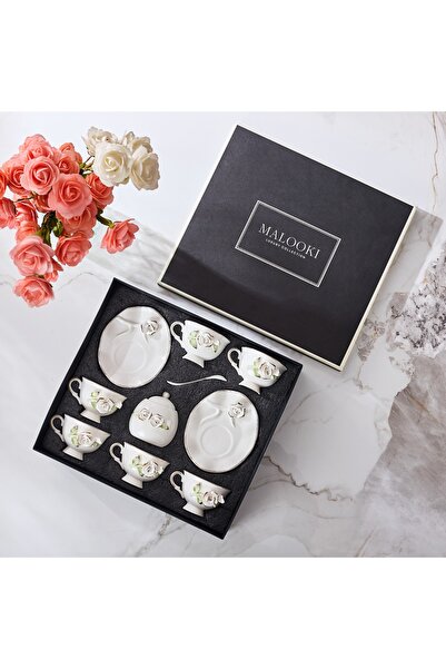 Malooki Set 6 cești de cafea din porțelan cu farfurioare și zaharniță,180 ml - decor floral în relief