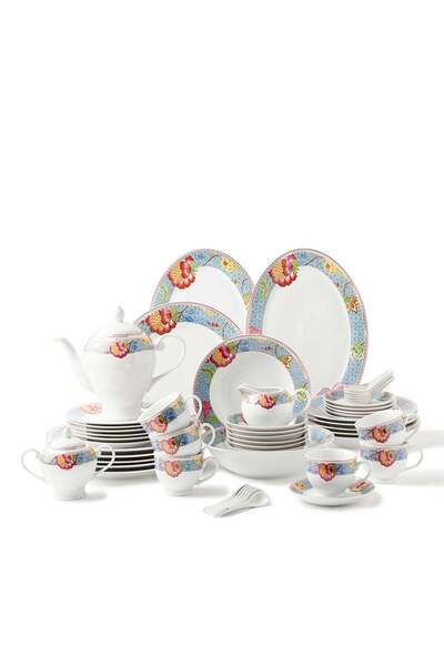 Noon East 56 Piece Porcelain Dinner Set - Serves 6 - Festive Design Bloom