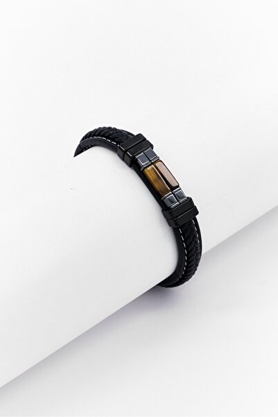 Steeltime Men Leather Thread Stainless Steel Hematite Id Bracelet, Black