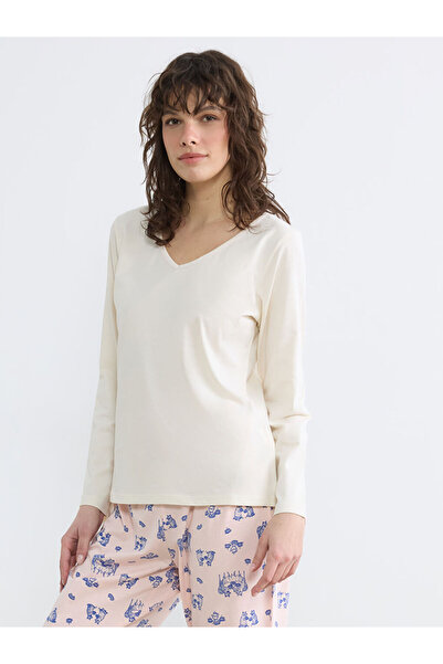 LC Waikiki طقم بيجامة نسائي مطبوع برقبة على شكل حرف V باللون الوردي من LCW DREAM