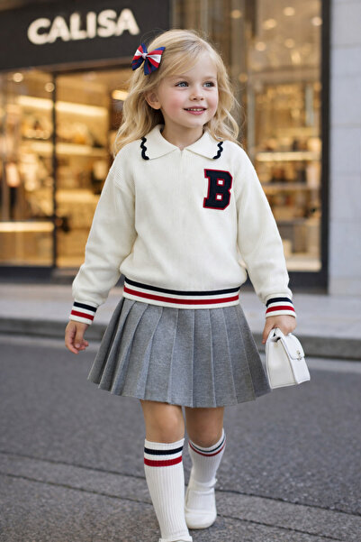 CALİSA Girl's Knitwear Pleated Skirt Set |   College Style |   Long Sleeve Kn...