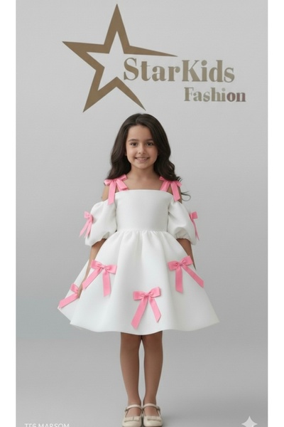 Star Kids Girl's Pink Bow Satin Dress, Girl's Graduation Dress, Evening Dress