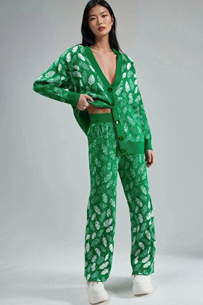 Hiccup My Fashion V-Neck Jacquard Knitwear Cardigan and Wide Leg Pants Set