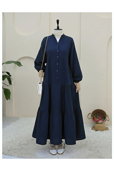 Modamorfo V-Neck, Half-Buttoned, Elasticated Sleeve, Segmented Muslin Dress -...