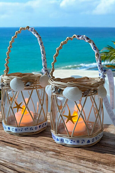 MaviMarinUrla El Yapımı Cam Rattan Örgü Hasır Mumluk Doğal Deniz Kabuklarıyla...