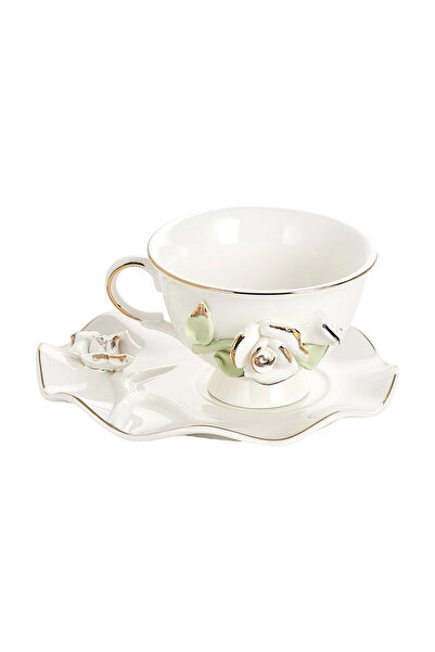 Malooki Set 2 cești de cafea din porțelan cu farfurioare, 180 ml - decor floral în relief
