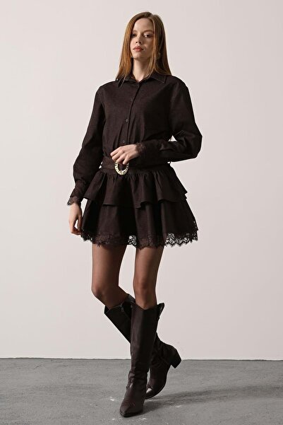 ibeeka Women's Lace - Gold Belt Detailed Layered Mini Woven Design Dress - S