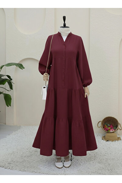 Modamorfo V-Neck, Half-Buttoned, Elastic-Sleeved, Segmented Muslin Dress - Bu...