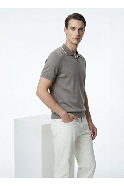 Fabrika Polo Yaka Slim Fit Düz Haki Erkek Kazak F6SM-KZK 2304