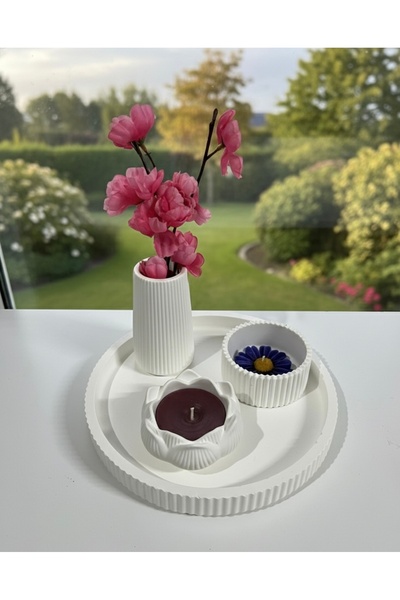 Dekor Dekoratif Taş Set 4 Parça Oda Kokulu Vazo Mumluk Tepsi Hediyelik Ev Dek...