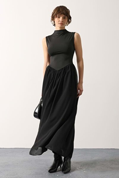 ibeeka Women's black sleeveless tulle detail dress with stand collar - m