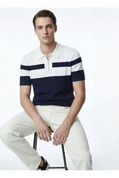 Fabrika Polo Yaka Slim Fit Çizgili Lacivert Erkek Kazak F6SM-KZK 2406