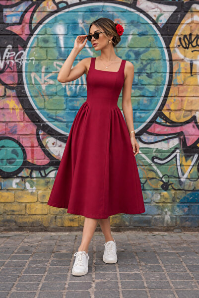 Masspera Kadın Askılı Kare Yakalı Uzun İthal Krep Elbise