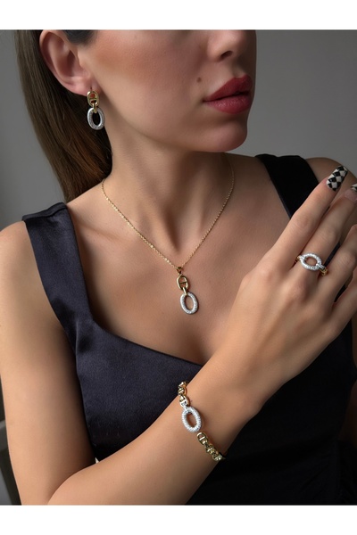 Cisy Accessories Zirkon Taşlı 14k Gold Renk Kolye ileklik Küpe Yüzük Takı Set...