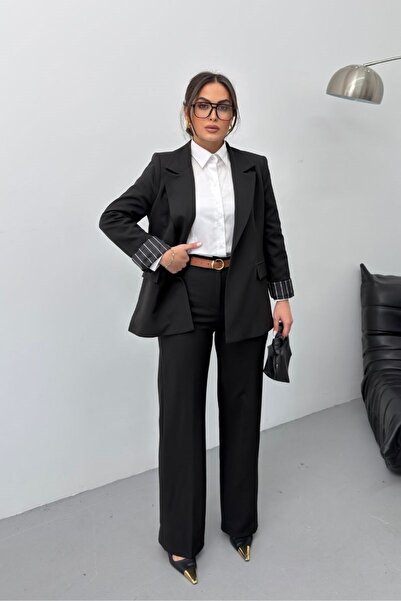 spirituel طقم نسائي مكون من قطعتين، سترة بليزر عادية مع حزام وجيوب مبطنة ومخط...