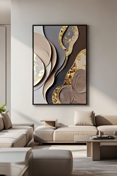 hollywest Lüks Altın & Bej Soyut Duvar Sanatı | Modern Çerçeveli Tablo
